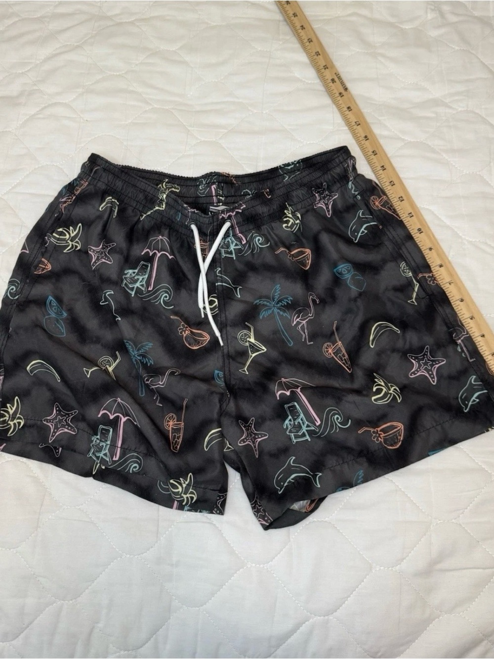 Surf Style Men's XL Black Neon Print Swim Trunks with Drawstring